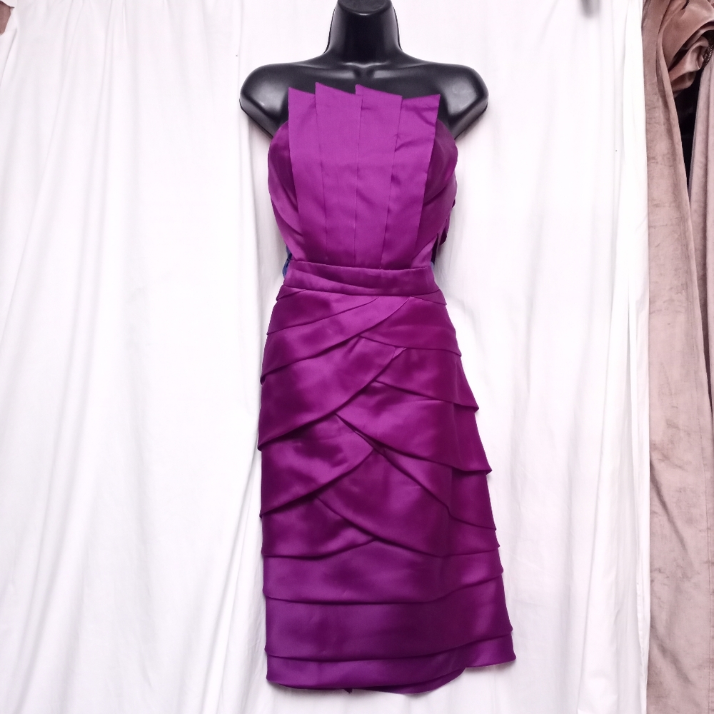 BADGLEY MISCHKA Magenta Strapless Tiered Ruffled Silk Midi Dress